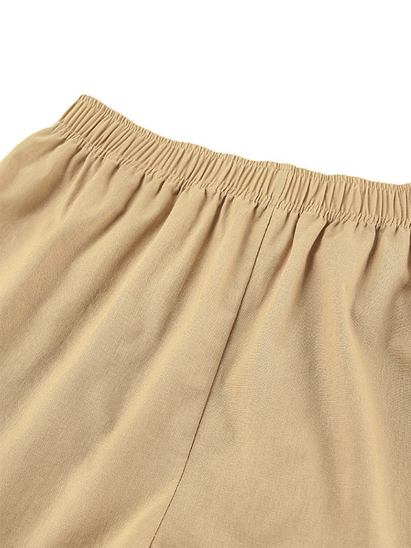 Two Piece Sets Khaki Chic Street Wear Cotton Linen Turndown Collar Long Sleeves Pant Set