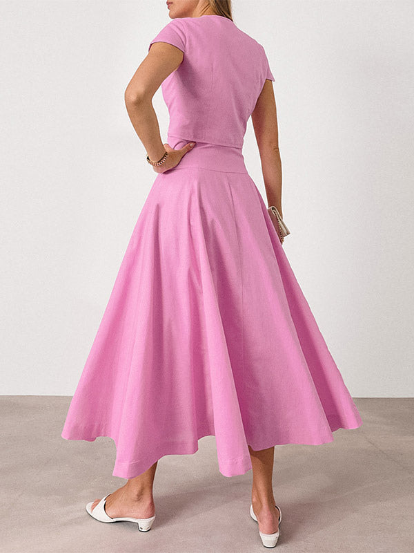 Two Piece Sets Pink Casual Buttons Street Wear Jewel Neck Short Sleeves Skirt Set