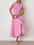 Two Piece Sets Pink Casual Buttons Street Wear Jewel Neck Short Sleeves Skirt Set