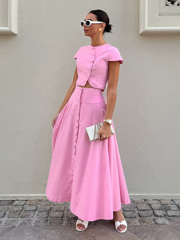 Two Piece Sets Pink Casual Buttons Street Wear Jewel Neck Short Sleeves Skirt Set