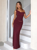 Two Piece Sets Burgundy Chic Dating V-Neck Backless Sleeveless Skirt Set