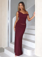 Two Piece Sets Burgundy Chic Dating V-Neck Backless Sleeveless Skirt Set