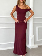 Two Piece Sets Burgundy Chic Dating V-Neck Backless Sleeveless Skirt Set