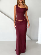 Two Piece Sets Burgundy Chic Dating V-Neck Backless Sleeveless Skirt Set