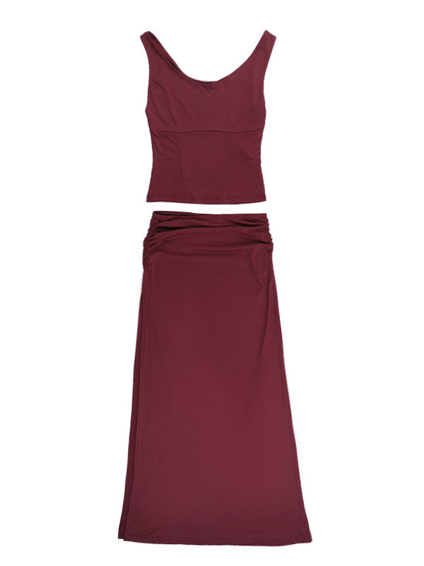 Two Piece Sets Burgundy Chic Dating V-Neck Backless Sleeveless Skirt Set