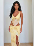 Two Piece Sets Yellow Sexy Street Wear V-Neck Sleeveless Top Skirt Set
