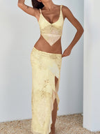 Two Piece Sets Yellow Sexy Street Wear V-Neck Sleeveless Top Skirt Set