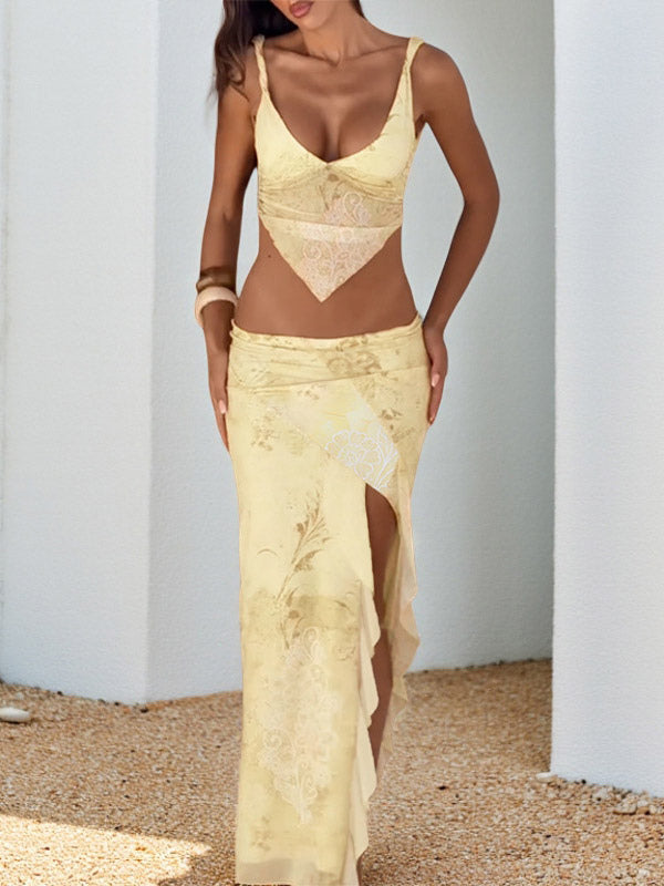 Two Piece Sets Yellow Sexy Street Wear V-Neck Sleeveless Top Skirt Set