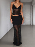 Two Piece Sets Black Party Polyester Lace Casual Straps Neck Sleeveless Skirt Set