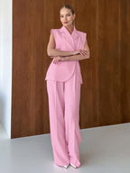 Two Piece Sets Pink Chic Daily Casual Turndown Collar Sleeveless Pant Set