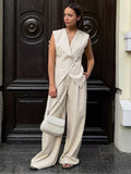 Two Piece Sets Khaki Chic Daily Casual Linen V-Neck Sleeveless Top Pant Set