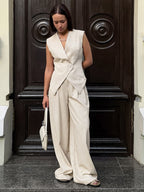Two Piece Sets Khaki Chic Daily Casual Linen V-Neck Sleeveless Top Pant Set
