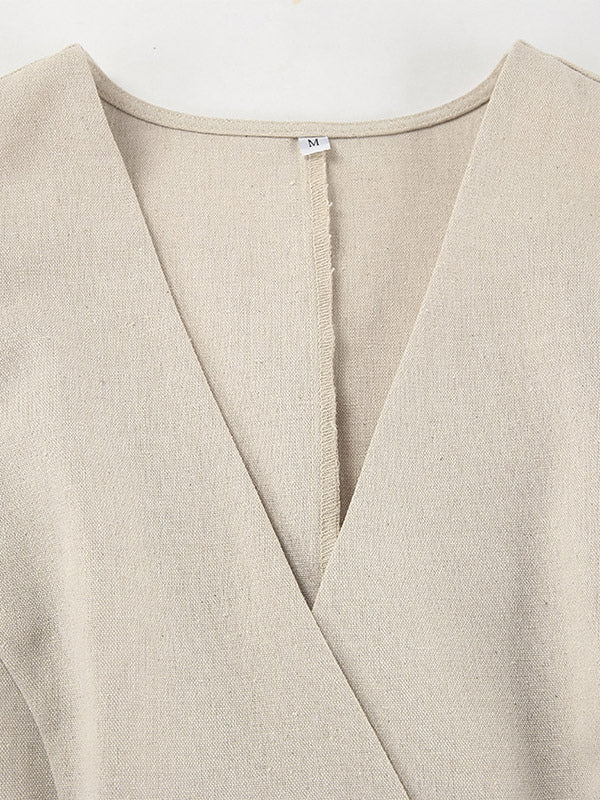 Two Piece Sets Khaki Chic Daily Casual Linen V-Neck Sleeveless Top Pant Set