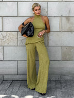 Two Piece Sets Green Halter Backless Sleeveless Top Pant Set