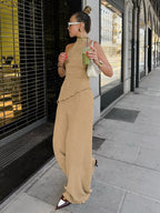 Two Piece Sets Green Halter Backless Sleeveless Top Pant Set
