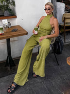Two Piece Sets Green Halter Backless Sleeveless Top Pant Set
