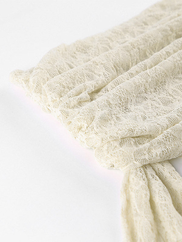 Blouse For Women Apricot Pleated Ruched Lace Off-The-Shoulder Elegant Long Sleeves Tops