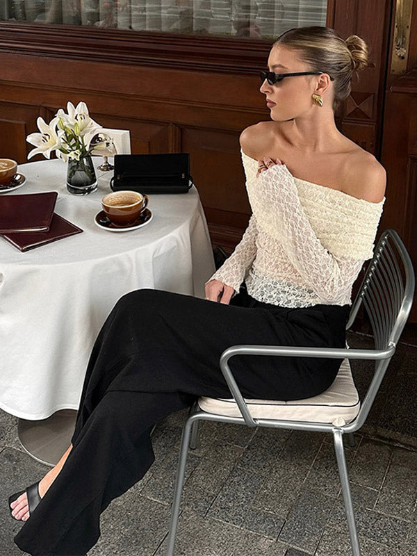 Blouse For Women Apricot Pleated Ruched Lace Off-The-Shoulder Elegant Long Sleeves Tops