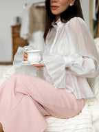 Blouse For Women Brown Stand Collar Clothes Casual Lace Buttons Long Sleeves Tops