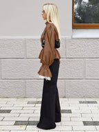 Blouse For Women Brown Stand Collar Clothes Casual Lace Buttons Long Sleeves Tops