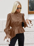 Blouse For Women Brown Stand Collar Clothes Casual Lace Buttons Long Sleeves Tops