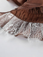 Blouse For Women Brown Stand Collar Clothes Casual Lace Buttons Long Sleeves Tops