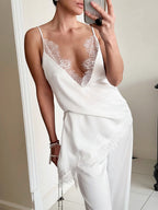 White Cami Top Straps Neck Strappy Lace Adjustable Straps Chic Women Camis