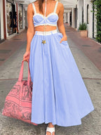 Two Piece Sets Blue Stripes Street Wear Lace Chic Straps Neck Sleeveless Skirt Set