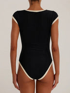 Short Sleeves Bodysuit Black Jewel Neck Buttons Athletic Women Top