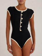 Short Sleeves Bodysuit Black Jewel Neck Buttons Athletic Women Top