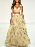 Two Piece Sets Apricot Printed Party Lace Chic Straps Neck Sleeveless Skirt Set