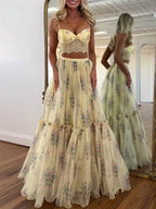 Two Piece Sets Apricot Printed Party Lace Chic Straps Neck Sleeveless Skirt Set