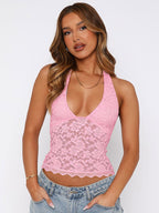 Cami Halter Pink Top U-Neck Lace Chic Backless Camis For Women