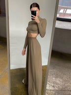 Two Piece Sets Gray Casual Party High Collar One Sleeve Long Sleeves Pant Set