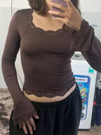 Women Crop Top Coffee Brown Lace Jewel Neck Long Sleeves Chic Tops