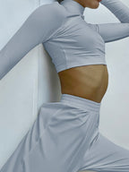 Two Piece Sets Gray Casual Party High Collar One Sleeve Long Sleeves Pant Set