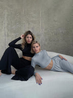 Two Piece Sets Gray Casual Party High Collar One Sleeve Long Sleeves Pant Set