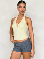 Burgundy Cami Top Halter Lace Up Buttons Chic Women Camis