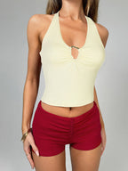 Burgundy Cami Top Halter Lace Up Buttons Chic Women Camis