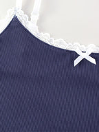 Two Piece Sets Blue Street Wear Bows Straps Neck Sleeveless Pant Set
