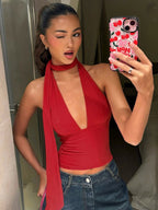 Red Cami Top Halter Lace Up Backless Sleeveless Sexy Women Camis