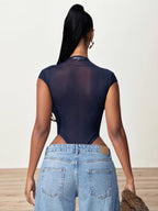 Bodysuit Sleeveless Blue Buttons Stand Collar Top For Women