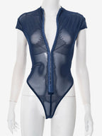 Bodysuit Sleeveless Blue Buttons Stand Collar Top For Women