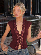 Women Crop Top Black Ruffled Ruffles Buttons V-Neck Sexy Tops