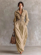 Daily Dresses Women's Maxi Coffee Brown Polyester Long Sleeves V-Neck Raised Waist Dress