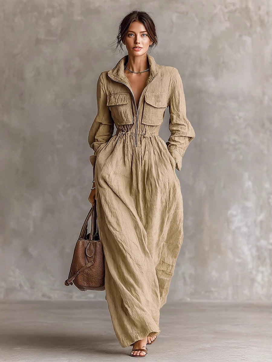 Daily Dresses Women's Maxi Coffee Brown Polyester Long Sleeves V-Neck Raised Waist Dress