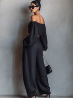 Two Piece Sets Black Strapless Poet Sleeves Long Sleeves Pant Set
