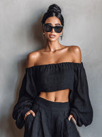 Two Piece Sets Black Strapless Poet Sleeves Long Sleeves Pant Set
