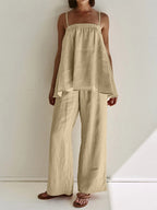 Two Piece Sets Khaki Casual Street Wear Straps Neck Sleeveless Pant Set
