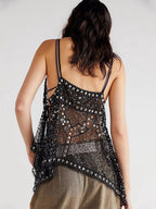 Orange Cami Top Straps Neck Sequins Beaded Chic Backless Camis For Women